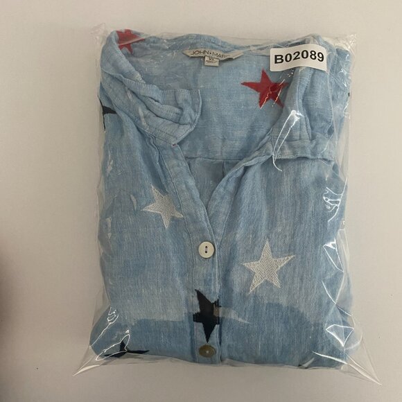 John Mark Blue Relaxed Button Down Shirt with Mandarin Collar - Picture 10 of 10